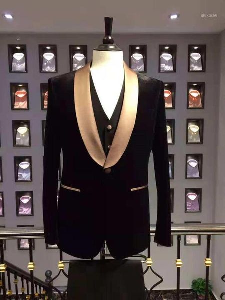 new fashion black velvet men suits 3 pcs one button golden shawl lapel tuxedos men suits prom man blazer jacket+pant+vest1, White;black
new fashion black velvet men suits 3 pcs one button golden shawl lapel tuxedos men suits prom man blazer jacket+pant+vest1, White;black