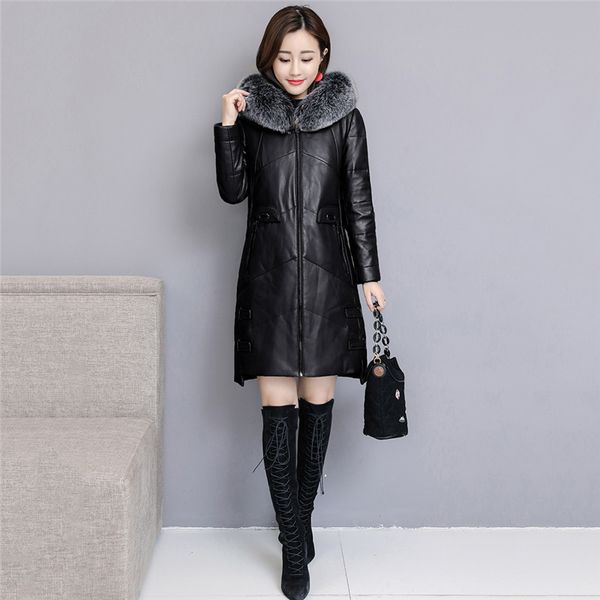 women leather down jacket winter parkas new fashion sheep leather coats long hooded fox fur collar winter female outerwear 201030, Black
women leather down jacket winter parkas new fashion sheep leather coats long hooded fox fur collar winter female outerwear 201030, Black