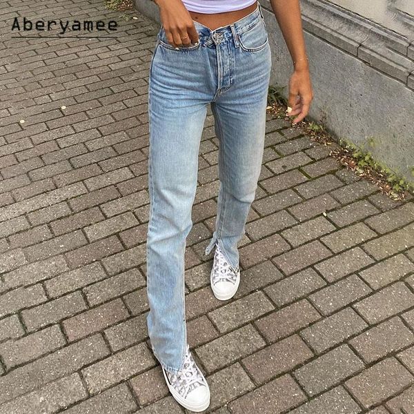 women's jeans aberyamee woman slim micro-flare long pants high waist inner split two buttons streetwear lady fashion solid trousers, Blue
women's jeans aberyamee woman slim micro-flare long pants high waist inner split two buttons streetwear lady fashion solid trousers, Blue