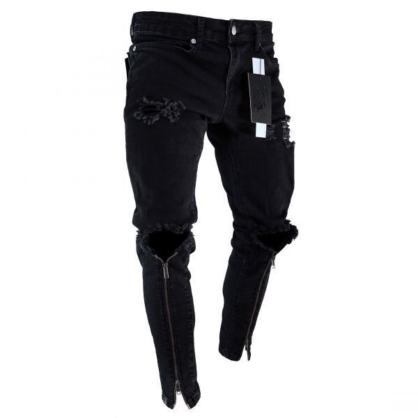 mens zipper holes designer jeans black ripped slim fit represen pencil pants, Blue
mens zipper holes designer jeans black ripped slim fit represen pencil pants, Blue