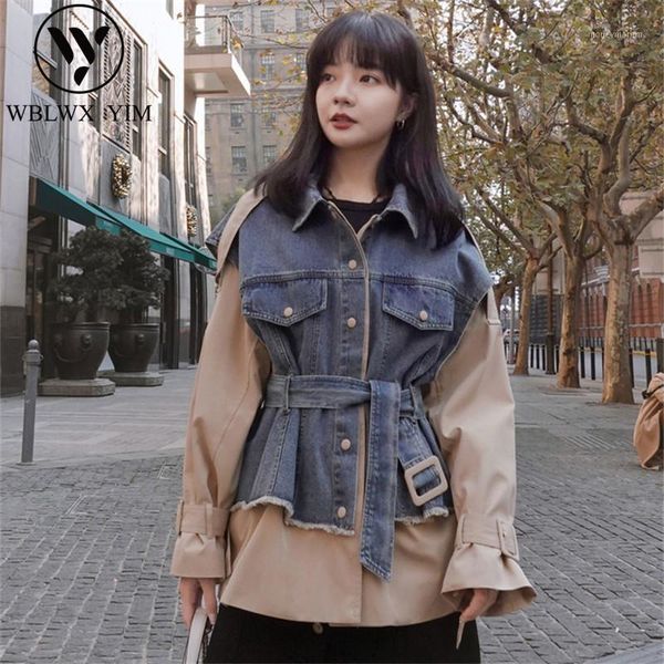 women's trench coats denim patchwork coat women 2021 spring fashion single breasted female loose casual outerwear1, Tan;black
women's trench coats denim patchwork coat women 2021 spring fashion single breasted female loose casual outerwear1, Tan;black