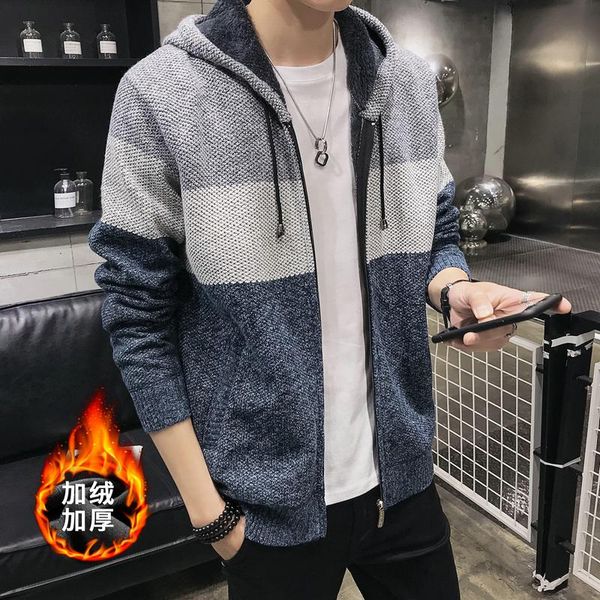 spring knitwear men's cardigan coat plush thickened hooded color matching sweater for men with warm sweater, White;black
spring knitwear men's cardigan coat plush thickened hooded color matching sweater for men with warm sweater, White;black
