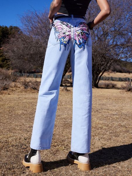 romwe butterfly graphic pocket jeans e7gb#, Blue