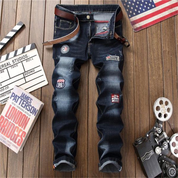 men lapel embroidery badge denim jeans european and american trend stitching begging jeans straight men fashion pants1, Blue
men lapel embroidery badge denim jeans european and american trend stitching begging jeans straight men fashion pants1, Blue
