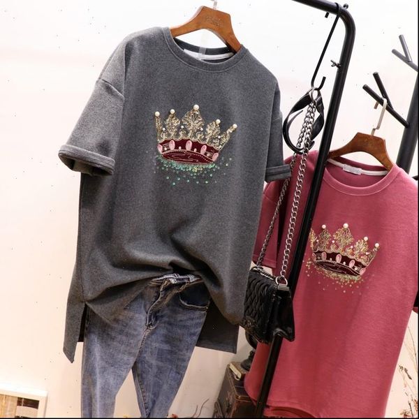 2021 spring crown sequined tee shirt women short sleeve thick embroidery beading t shirt cotton casual tees lady, White
2021 spring crown sequined tee shirt women short sleeve thick embroidery beading t shirt cotton casual tees lady, White