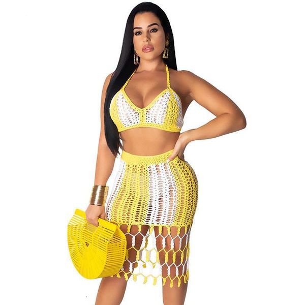 summer knitted crochet dress beach wear women two piece set halter crop and skirt set hollow out 2 piece beach, Gray
summer knitted crochet dress beach wear women two piece set halter crop and skirt set hollow out 2 piece beach, Gray