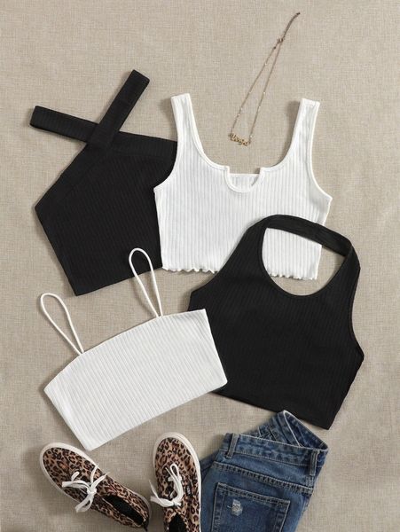 4pcs solid ribbed knit crop u2ly#, White
4pcs solid ribbed knit crop u2ly#, White