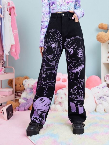 romwe figure graphic straight leg jeans 554k#, Blue