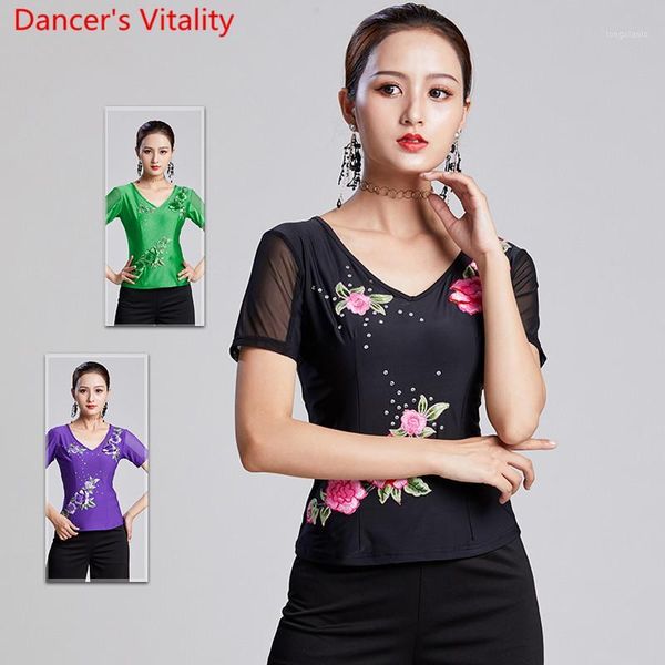 modern dance wear round neck embroidered short sleeve splicing national standard ballroom waltz jazz dancing practice clothe1, Black;red
modern dance wear round neck embroidered short sleeve splicing national standard ballroom waltz jazz dancing practice clothe1, Black;red