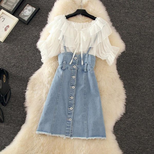fashion chiffon blouses denim suspender skirt summer 2 pieces sets women casual sweet short sleeve and a line mini skirts, Gray
fashion chiffon blouses denim suspender skirt summer 2 pieces sets women casual sweet short sleeve and a line mini skirts, Gray