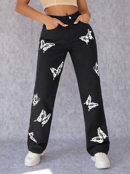 butterfly print straight leg jeans x6gl#, Blue