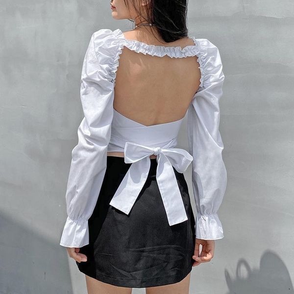 women backless blouses long puff sleeve crop elegant white color back hollowing out square neck bow slim crop shirt
women backless blouses long puff sleeve crop elegant white color back hollowing out square neck bow slim crop shirt
