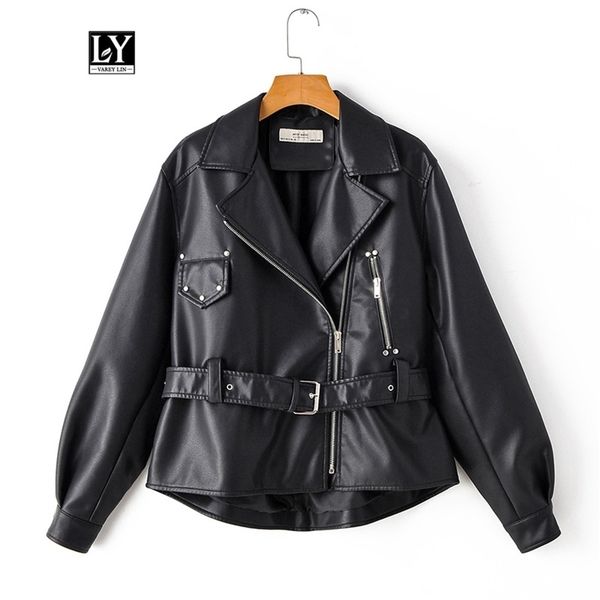 ly varey lin faux soft leather loose short jackets women vintage black pu motorcycle rivet zipper punk overcoat with belt 201223
ly varey lin faux soft leather loose short jackets women vintage black pu motorcycle rivet zipper punk overcoat with belt 201223