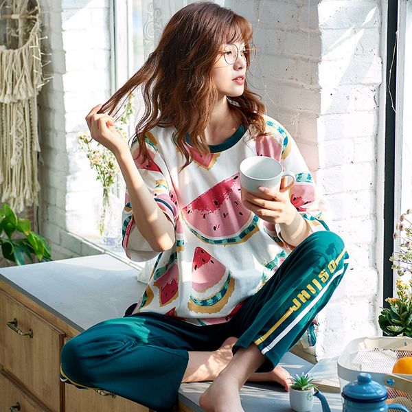 sleepwear sets for women lovely pattern pajamas set cotton short sleeve + long pant home wear lazy style lady underwear pijamas y200708, Black;red
sleepwear sets for women lovely pattern pajamas set cotton short sleeve + long pant home wear lazy style lady underwear pijamas y200708, Black;red