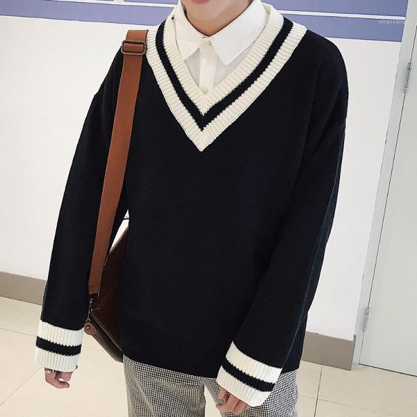 men's sweaters 2021 autumn winter men's fashion spliced v collar long sleeve knitted pullovers loose casual black/white male sweat, White;black
men's sweaters 2021 autumn winter men's fashion spliced v collar long sleeve knitted pullovers loose casual black/white male sweat, White;black