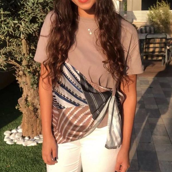 women's t-shirt 2021 amazon street color contrast stripe loose round neck short sleeve irregular lace up top, White
women's t-shirt 2021 amazon street color contrast stripe loose round neck short sleeve irregular lace up top, White