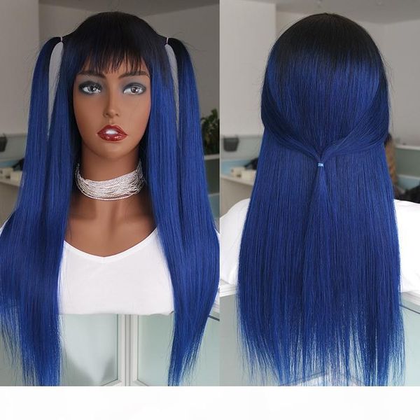 natural hair wig colored 1b blue raw indian remy straight human hair wigs with bangs pre plucked machine made ombre glueless wig non lace, Black;brown 
natural hair wig colored 1b blue raw indian remy straight human hair wigs with bangs pre plucked machine made ombre glueless wig non lace, Black;brown