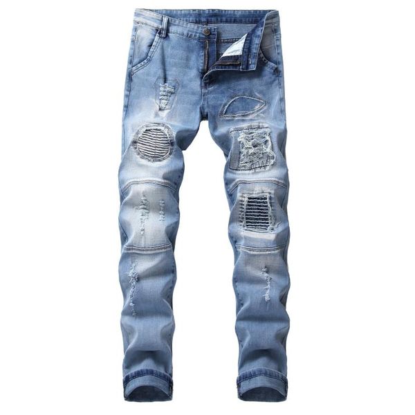 2021 men's new jeans slim straight patch ripped trousers, Blue
2021 men's new jeans slim straight patch ripped trousers, Blue