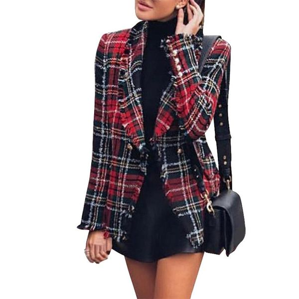 women's jackets double breasted frayed checked tweed blazers coat women 2021 fashion pockets plaid ladies outerwear casual casaco femme, Black;brown
women's jackets double breasted frayed checked tweed blazers coat women 2021 fashion pockets plaid ladies outerwear casual casaco femme, Black;brown