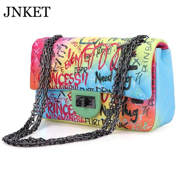 jnket new fashion women's graffiti shoulder bag pu leather chain bag casual sling crossbody