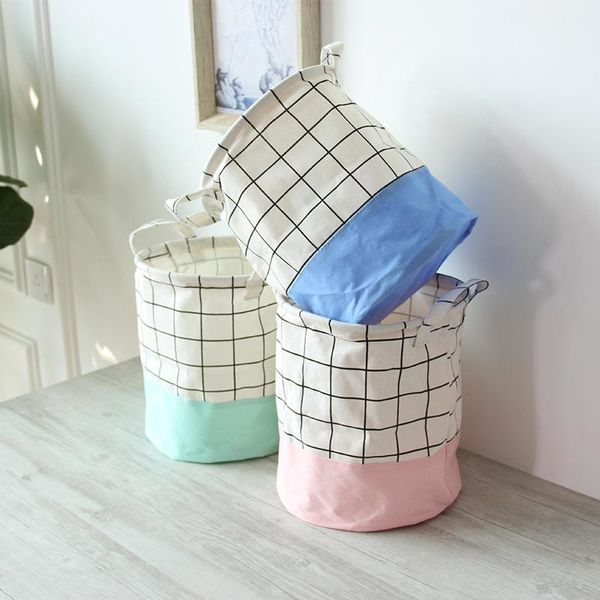 

new fresh storage baskets plaid storage box cotton linen desk toy holder waterproof laundry basket&handle