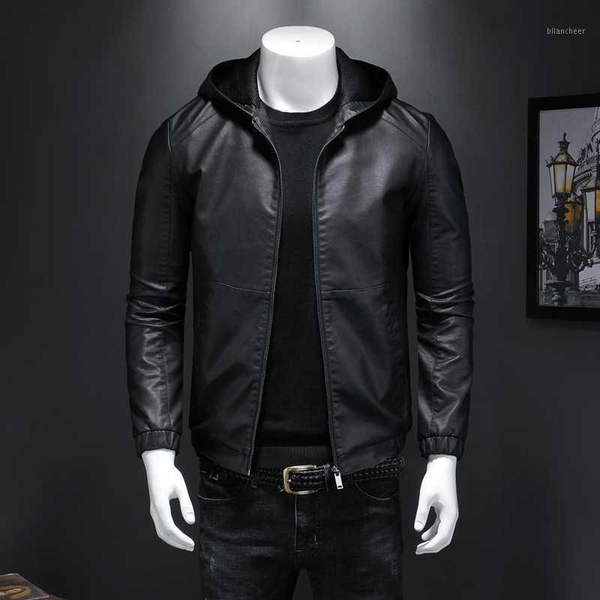 leisure men pu hooded leather zipper men's jacket1, Black