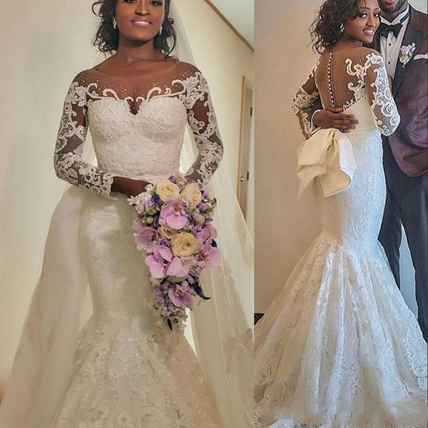 2020 new arabic mermaid wedding dresses jewel neck illusion lace appliques beaded long sleeves overskirts bow plus size formal bridal gowns, White
2020 new arabic mermaid wedding dresses jewel neck illusion lace appliques beaded long sleeves overskirts bow plus size formal bridal gowns, White