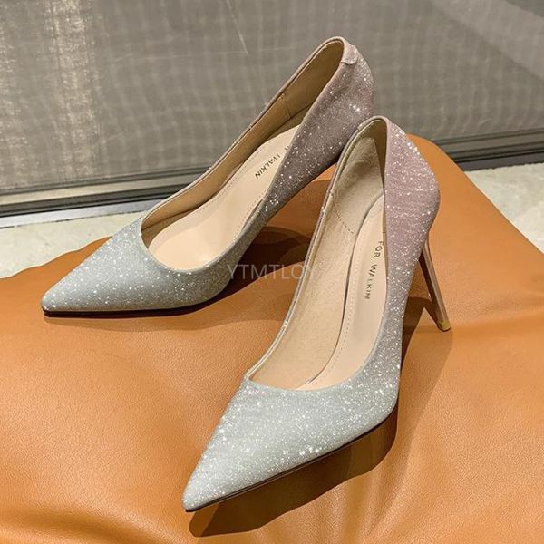 spring fashion women's high heels pointed toe glitter pumps female wedding thin heels zapatos de mujer bride shoes, Black