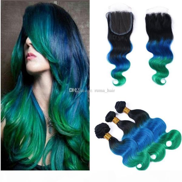 three tone dark root 1b blue green ombre body wave lace closure with bundles brazilian virgin human hair weaves with 4*4 lace closure, Black;brown
three tone dark root 1b blue green ombre body wave lace closure with bundles brazilian virgin human hair weaves with 4*4 lace closure, Black;brown