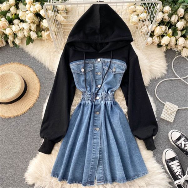 2021 new korean style wear design sense hooded sweater long sleeve contrast stitching retro denim dress female trend jlov, Black;gray
2021 new korean style wear design sense hooded sweater long sleeve contrast stitching retro denim dress female trend jlov, Black;gray