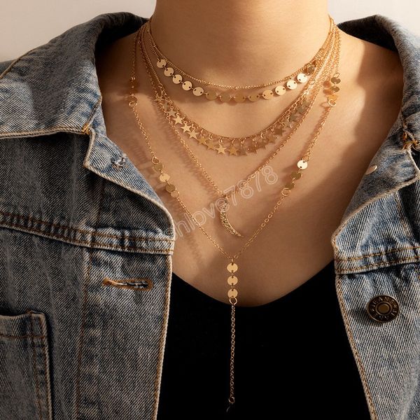 chains bohemian gold wafer moon pendant neckalce for women charms multi-layer long chain alloy metal adjustable jewelry collar, Silver
chains bohemian gold wafer moon pendant neckalce for women charms multi-layer long chain alloy metal adjustable jewelry collar, Silver