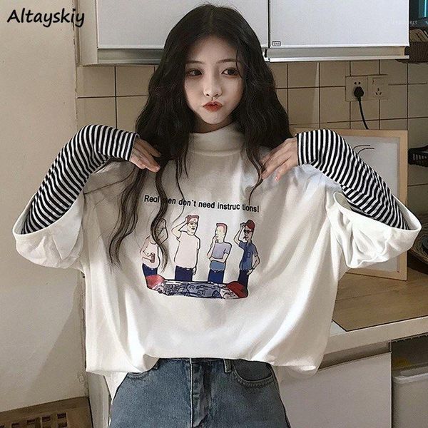 long sleeve t-shirts women patchwork print leisure daily fake two pieces cool students womens korean style half-turtleneck chic1, White 
long sleeve t-shirts women patchwork print leisure daily fake two pieces cool students womens korean style half-turtleneck chic1, White