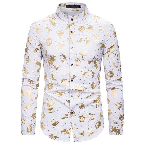 men's casual shirts mens bronzing halloween 2021 brand slim fit long sleeve henley shirt men disco party prom button up male chemise, White;black
men's casual shirts mens bronzing halloween 2021 brand slim fit long sleeve henley shirt men disco party prom button up male chemise, White;black