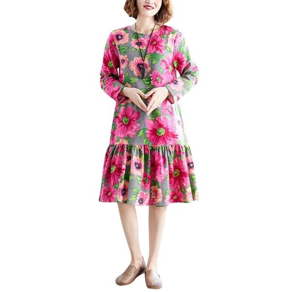 large size loose and thin mid-length linen cotton print dress, Black;pink