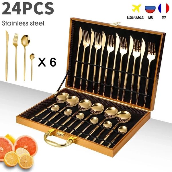 24pcs cutlery set stainless knife fork spoon flatware tableware set gold gift box portable dinnerware dishwasher kitchenware
24pcs cutlery set stainless knife fork spoon flatware tableware set gold gift box portable dinnerware dishwasher kitchenware