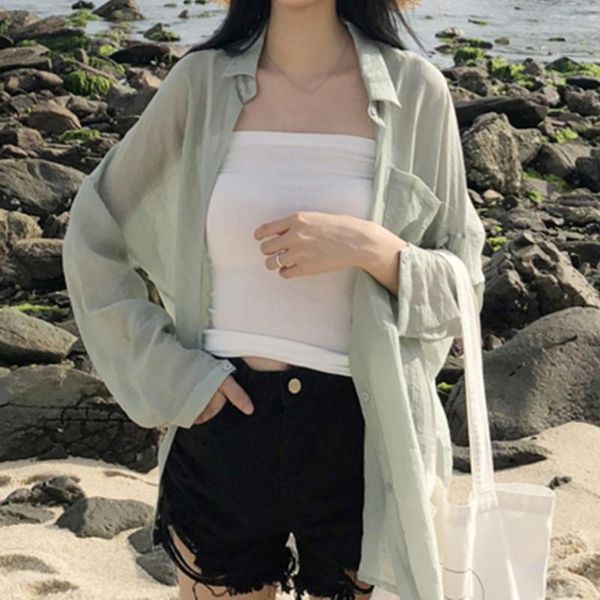 thin sunscreen shirts korean style loose casual solid shirt fashion wild lapel long sleeve women blouse, White
thin sunscreen shirts korean style loose casual solid shirt fashion wild lapel long sleeve women blouse, White