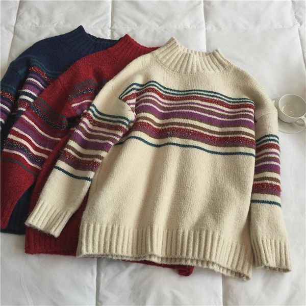 autumn and winter women casual striped high neck long sleeve loose sweater, White;black
autumn and winter women casual striped high neck long sleeve loose sweater, White;black