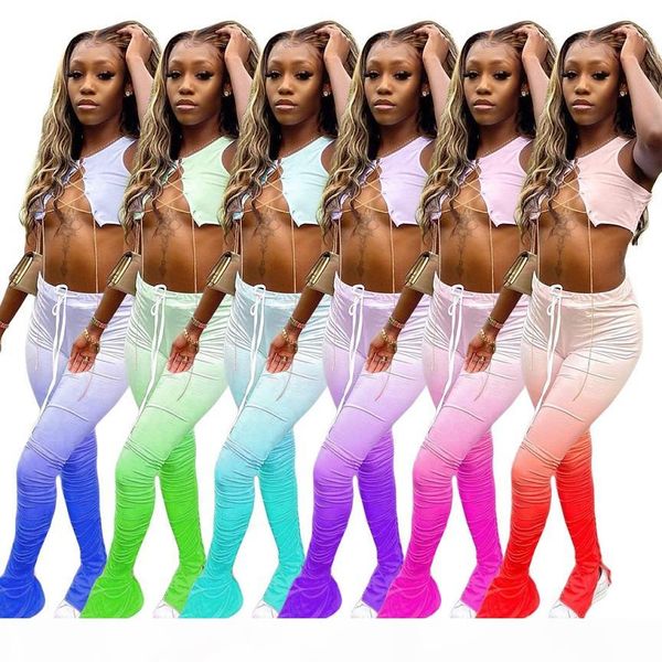 women 2 two piece outfits sets metal chain bandage vest crop gradient pleated split hip stacked pants micro flared trousers clothes, White
women 2 two piece outfits sets metal chain bandage vest crop gradient pleated split hip stacked pants micro flared trousers clothes, White