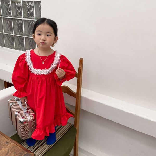 long mqd 2021 spring dign girls' sve drs with contrast lace princs skirt, Red;yellow 
long mqd 2021 spring dign girls' sve drs with contrast lace princs skirt, Red;yellow