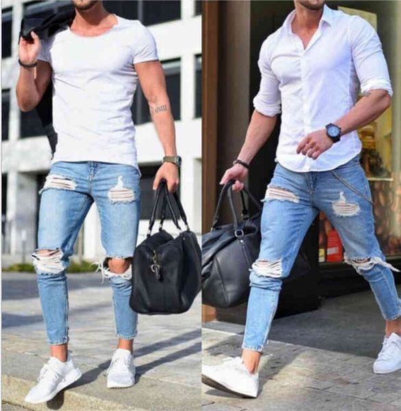 Men's Jeans Mens Skinny Light Blue Holes Ripped Pencil Pants Male Slim Fit Long Trousers ECU3
Men's Jeans Mens Skinny Light Blue Holes Ripped Pencil Pants Male Slim Fit Long Trousers ECU3