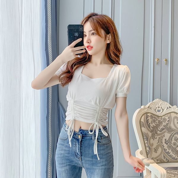 2020 summer square neck korean drawstring coat t-shirt slim solid color stretch short waist t-shirt ajlmz, White
2020 summer square neck korean drawstring coat t-shirt slim solid color stretch short waist t-shirt ajlmz, White