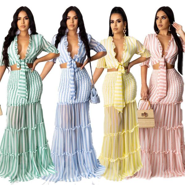 women 2 piece set striped print tie up v-neck crop cascading ruffles maxi skirt suit vintage elegant long dress, Gray
women 2 piece set striped print tie up v-neck crop cascading ruffles maxi skirt suit vintage elegant long dress, Gray