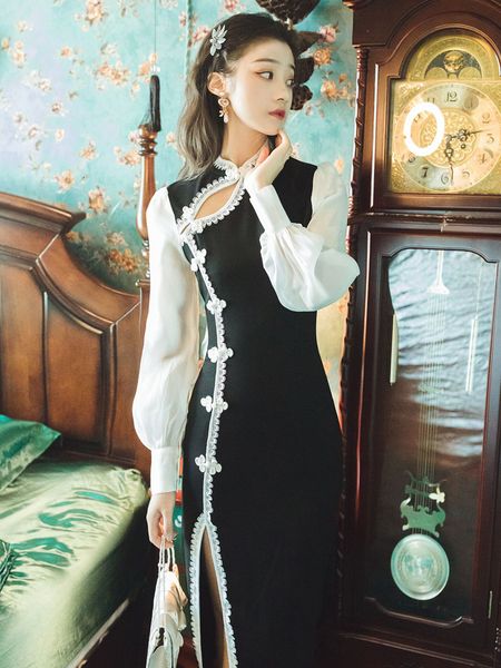 2021 springtime party split black knit cotton long, elegant dress improved cheongsam sheath h8h2, Black;gray
2021 springtime party split black knit cotton long, elegant dress improved cheongsam sheath h8h2, Black;gray