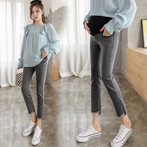 18465# maternity pants spring autumn maternity jeans belly support pants support abdomen split trousers1, White