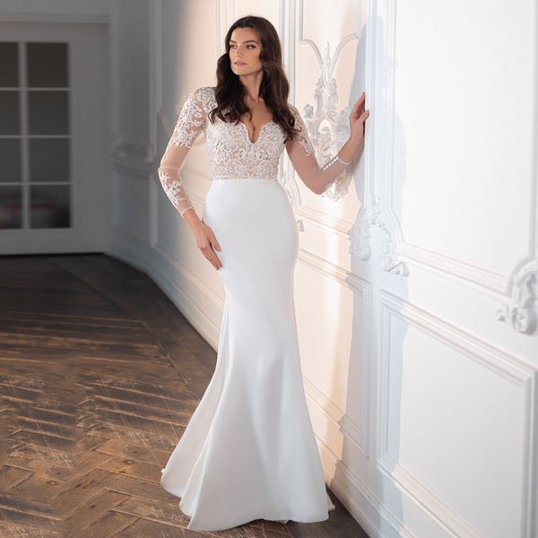 2021 new v neck mermaid wedding fashion long sleeves appliques sweep train lace bridal es vestido de novia qei1, White
2021 new v neck mermaid wedding fashion long sleeves appliques sweep train lace bridal es vestido de novia qei1, White