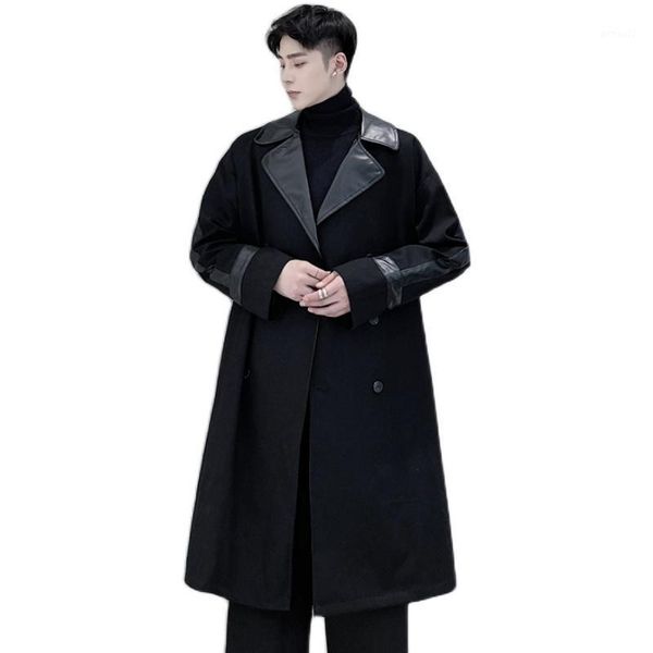 men's wool & blends autumn spring male streetwear loose overcoat jacket men leather splice long windbreaker trench coat outerwear1, Black
men's wool & blends autumn spring male streetwear loose overcoat jacket men leather splice long windbreaker trench coat outerwear1, Black