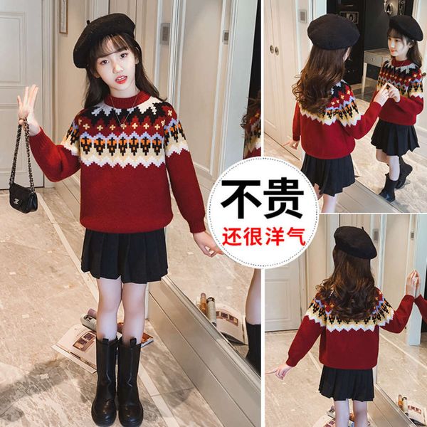 red sweater autumn 2020 new net winter girl's round neck middle school children's t-shirt foreign sle, Blue 
red sweater autumn 2020 new net winter girl's round neck middle school children's t-shirt foreign sle, Blue