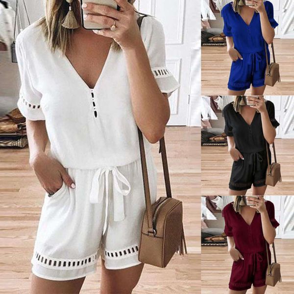hollowed summer women's short sleeve v-neck out jumpsuit pants with waist closing and loose casual shorts for women, Black;gray
hollowed summer women's short sleeve v-neck out jumpsuit pants with waist closing and loose casual shorts for women, Black;gray