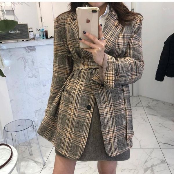 cbafu notched blazer women lace up plaid woolen cardigan coat long sleeve elegant vintage long outwear single breasted 2021 f8291, White;black 
cbafu notched blazer women lace up plaid woolen cardigan coat long sleeve elegant vintage long outwear single breasted 2021 f8291, White;black