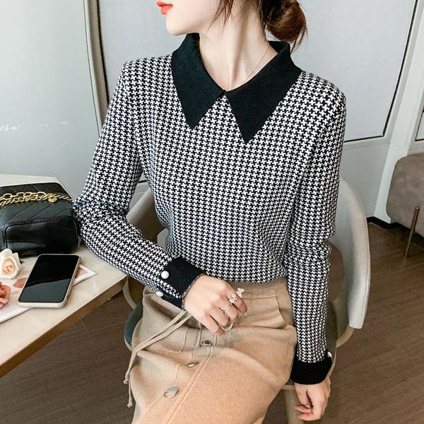 women's sweaters elegant women autumn winter houndstooth knit bottoming shirt doll collar sweater coat, White;black
women's sweaters elegant women autumn winter houndstooth knit bottoming shirt doll collar sweater coat, White;black